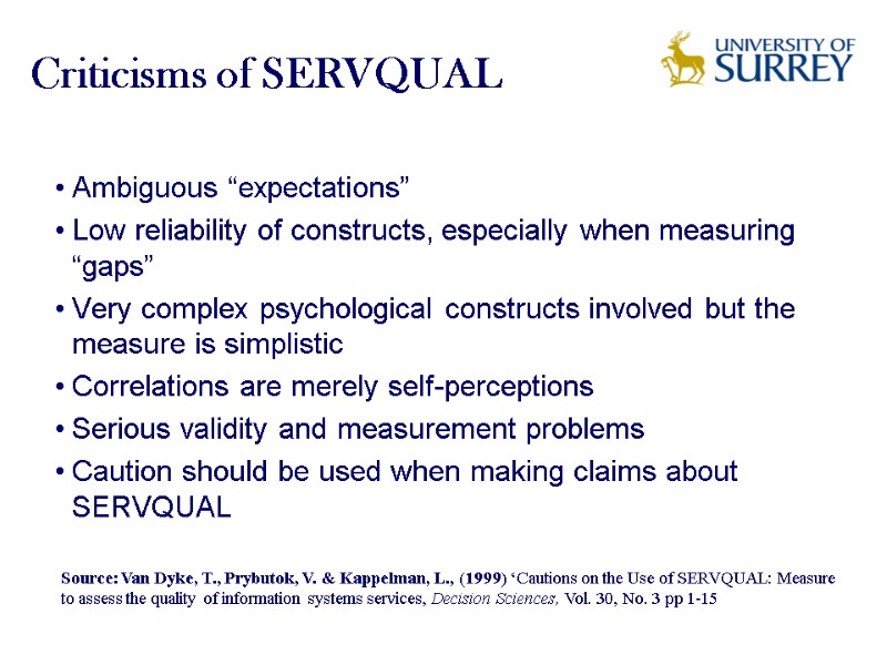 Criticisms of SERVQUAL Ambiguous “expectations” Low reliability of constructs, especially when measuring  “gaps”